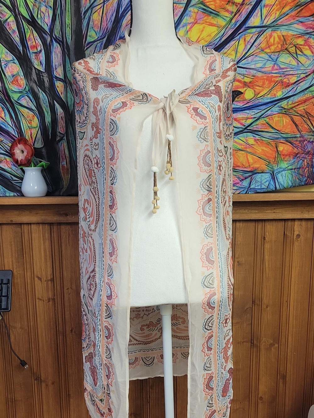 Lightweight Cream Paisley Pattern Shawl with Tassel Tie Scarf